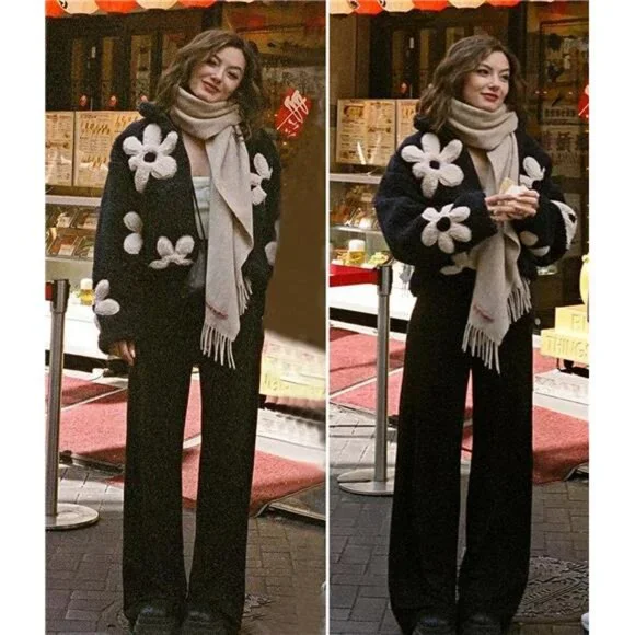 Maixang Womens Floral Print Sherpa Fleece Jackets Winter Zipper Cropped Coat - Picture 3 of 7